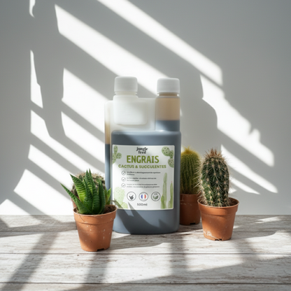 Engrais naturel pour plantes de climat sec, mis en scène près de cactus et de succulentes. Ce produit nourrit le sol et renforce la santé des plantes.