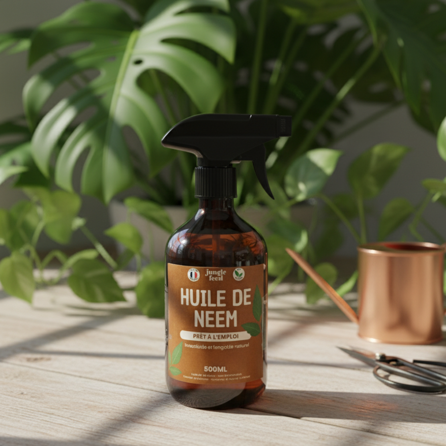 Huile de Neem 500ml dans un flacon pulvérisateur. En fond il y a une plante et un arrosoir.  