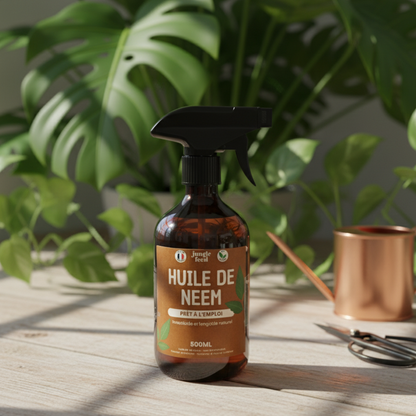 Huile de Neem 500ml dans un flacon pulvérisateur. En fond il y a une plante et un arrosoir.  