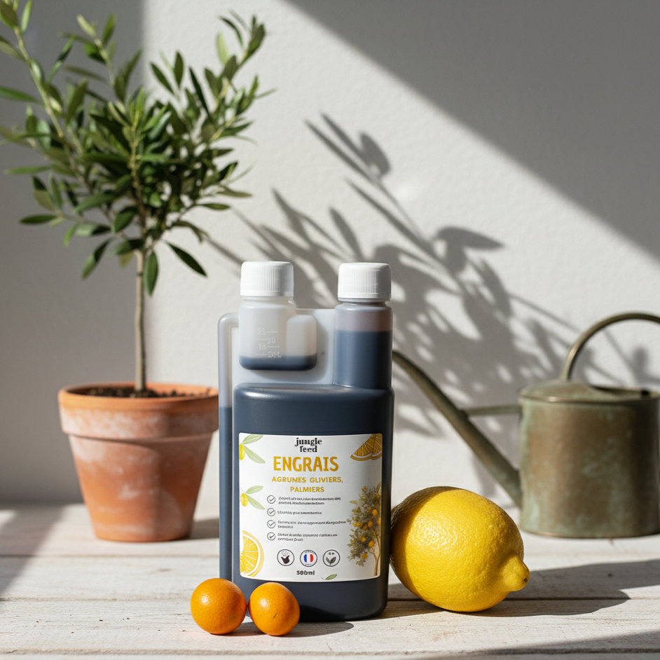 Solution nutritive pour les arbres de climat ensoleillé. Cet engrais liquide aide à maintenir la vitalité des palmiers et oliviers, même en pot.
