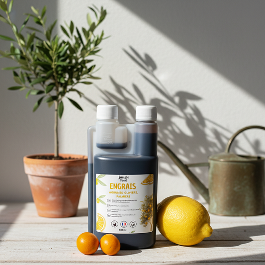 Solution nutritive pour les arbres de climat ensoleillé. Cet engrais liquide aide à maintenir la vitalité des palmiers et oliviers, même en pot.