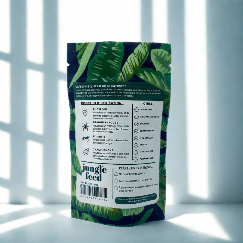 Poudre de terre de diatomée pour le jardinage et la maison. Ce produit antiparasitaire naturel est idéal pour lutter contre les insectes rampants et les acariens sur les plantes.