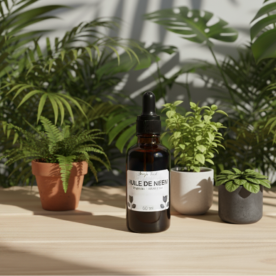 Flacon en verre teinté d'huile de neem avec un compte-gouttes, posé sur une surface en bois clair. Il est entouré de plantes vertes d'intérieur : une fougère, un petit arbuste et un monstera en arrière-plan. L'étiquette sur le flacon indique "Huile de Neem" et "50 ml". La lumière du soleil projette des ombres de feuilles sur le mur blanc derrière.